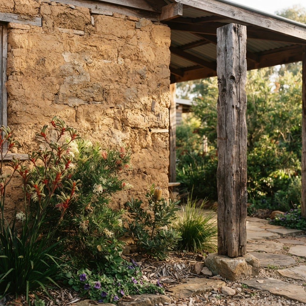 Textured mudbrick wall and timber veranda post of the cottage