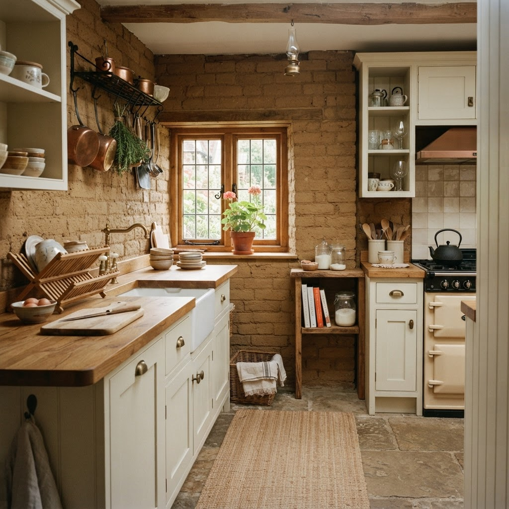 Self-contained rustic kitchen inside the cottage