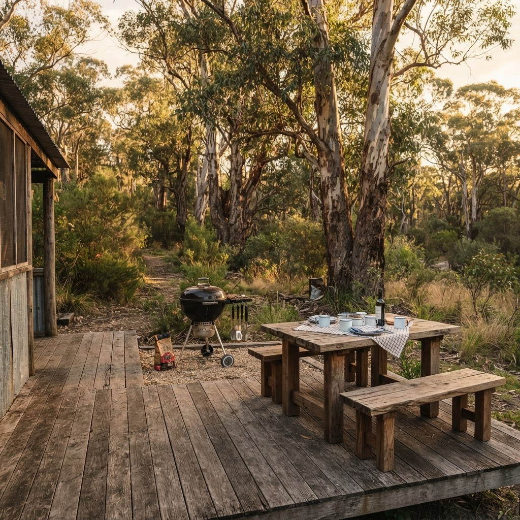 Outdoor barbecue area on a timber deck surrounded by bushland