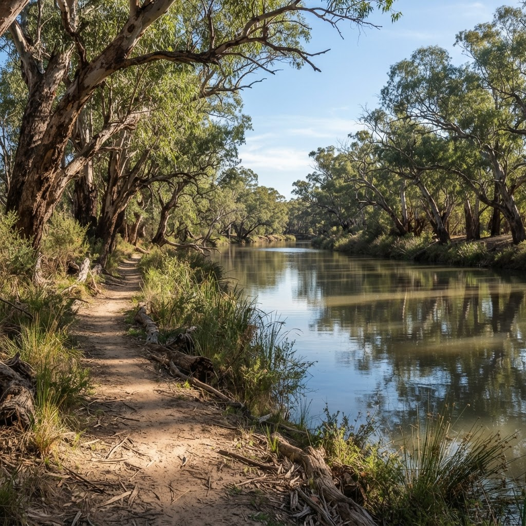 The Edward River lined with river red gum trees and a bushwalking trail